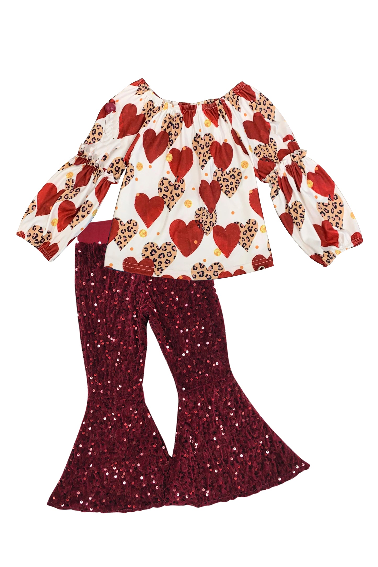 Baby Girls Valentines Hearts Long Sleeve Tee Shirts Tops Wine Sequin pants sets preorder(moq 5)