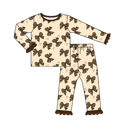 Baby Girls Leopard Bows Top Pants Pajamas Outfits Sets Preorder