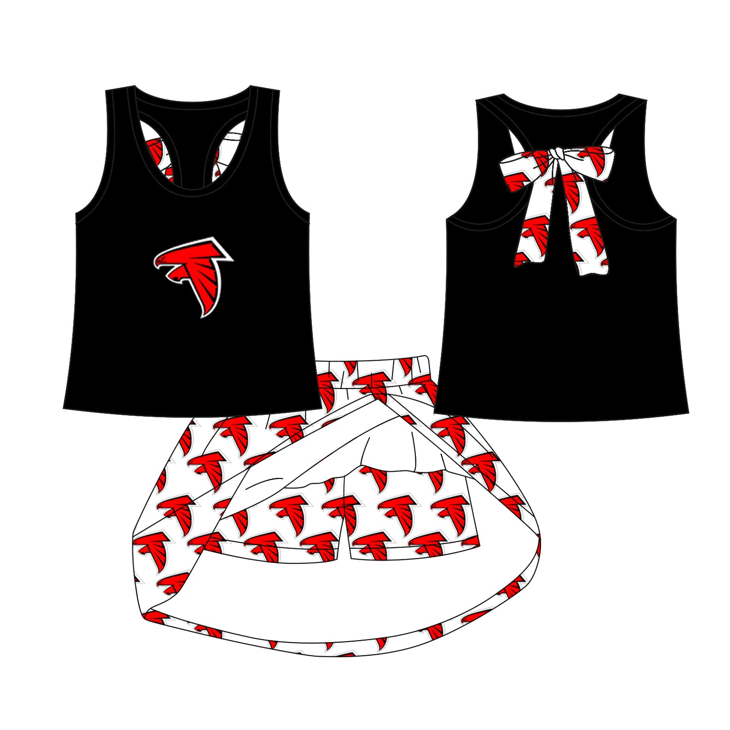 Preorder (moq 5)Baby Girls Black Red Bird team Top Skirt Skort Sets