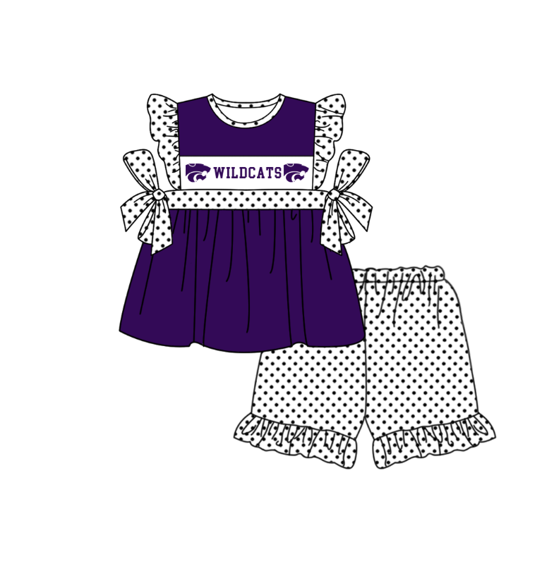 Preorder (moq 5)Baby Girls Flutter Sleeve Wildcats Tunic Polka Dots Ruffle Shorts Team Clothes Sets