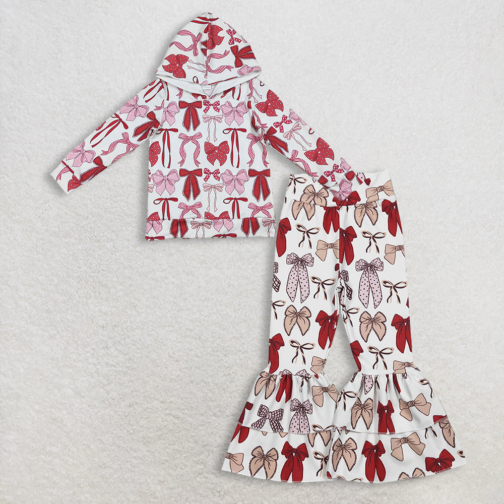 Baby Girls Red Bows Plaid Hoodies Top Yoga Ruffle Bell Bottom Clothes Set