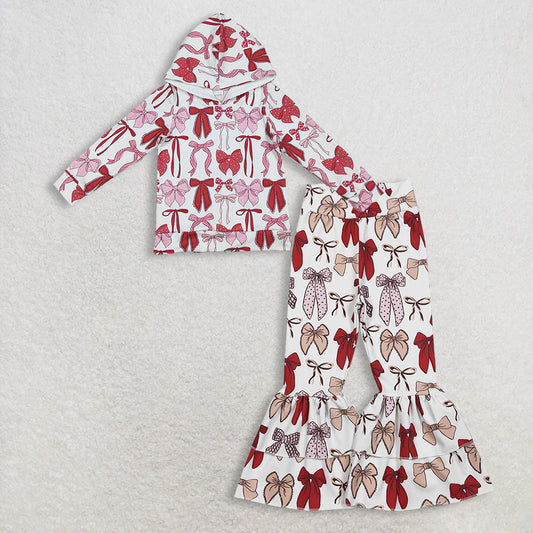Baby Girls Red Bows Plaid Hoodies Top Yoga Ruffle Bell Bottom Clothes Set