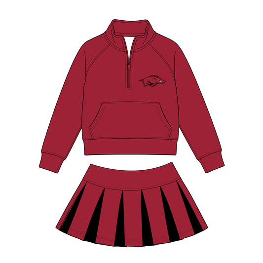 Preorder (moq 5)Baby Girls Zip Pocket Arkansas Pullovers Red Black Skirt Short Team Clothes Set