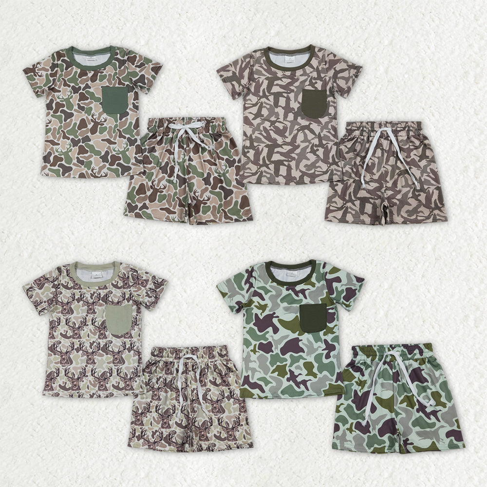 Sibling Baby Boys Short Sleeve Deer Ducks Camo Pockets Top Short Hunting Clothes Sets