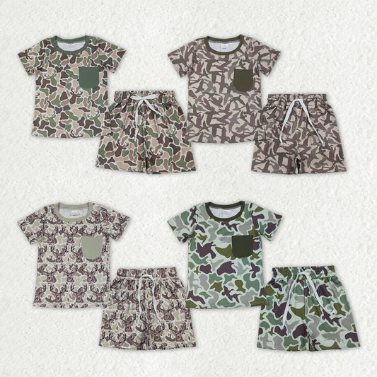 Sibling Baby Boys Short Sleeve Deer Ducks Camo Pockets Top Short Hunting Clothes Sets