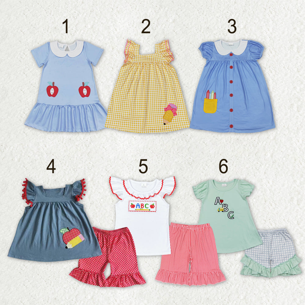 Sibling Baby Girls Pencils ABC Apples Back To School Shorts Clothes Set Dresses