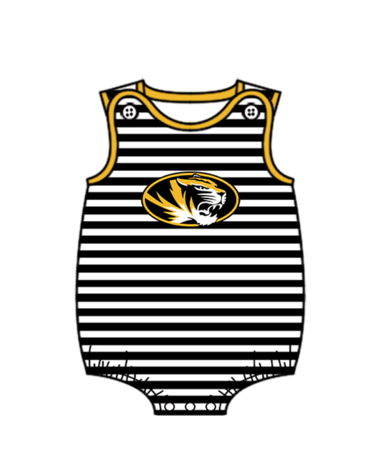 Preorder (moq 5)Baby Boys Sleeveless Black Strip Missouri Tigers Team Rompers