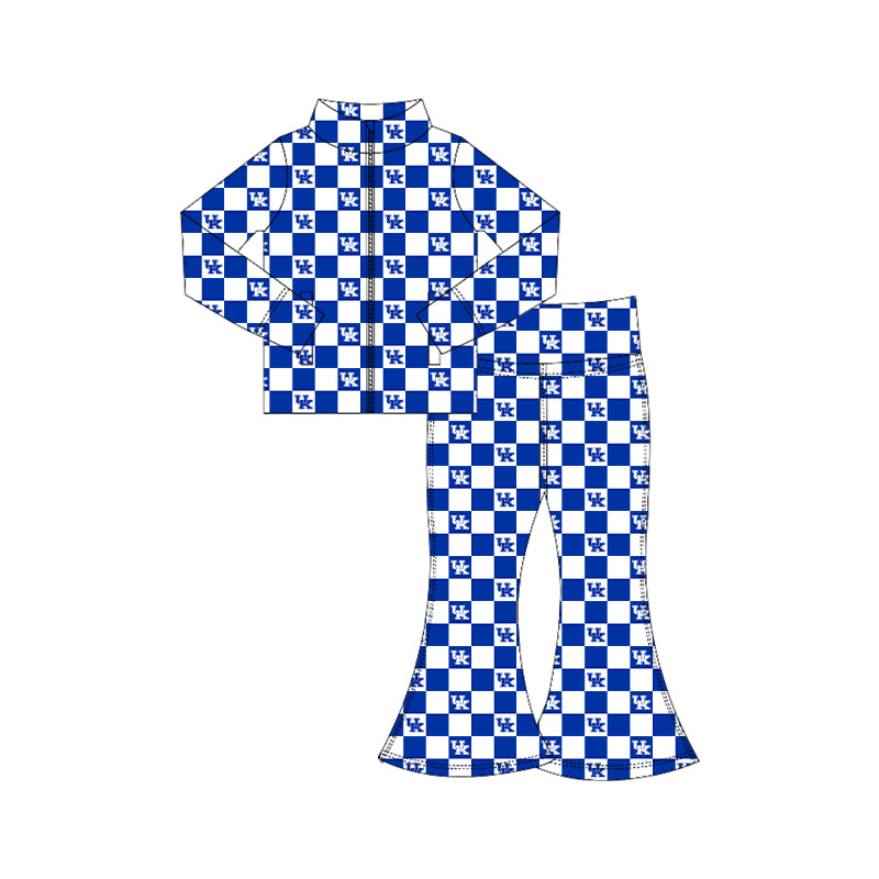 Preorder (moq 5) Baby Girls Kentucky Blue Checked Zip Jacket Bell Bottom Team Yoga Clothes Set