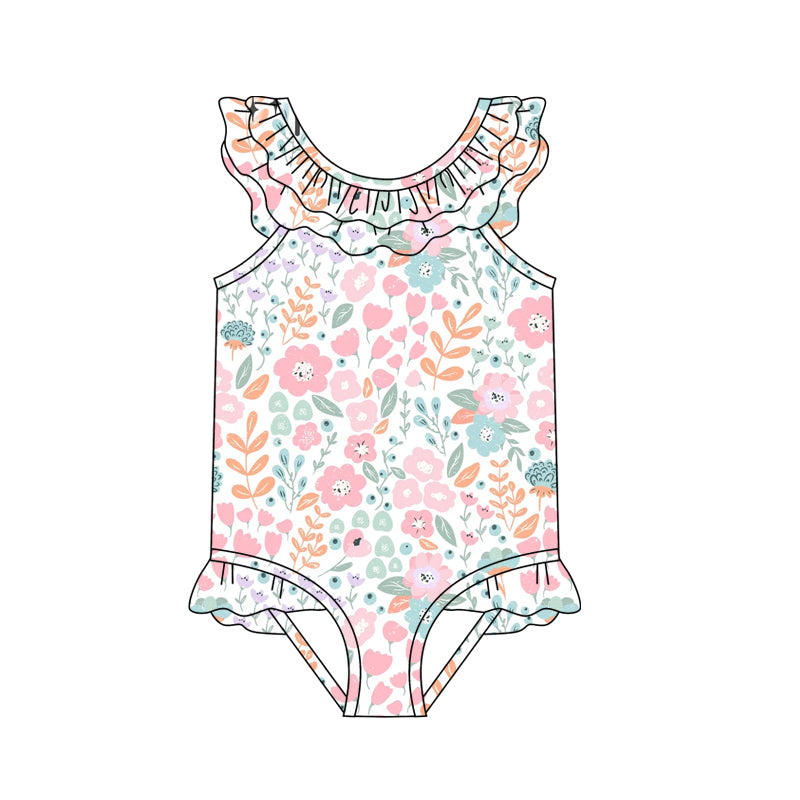 Baby Girls Beach Pink Floral Ruffles One Piece Swimsuits preorder(moq 5)