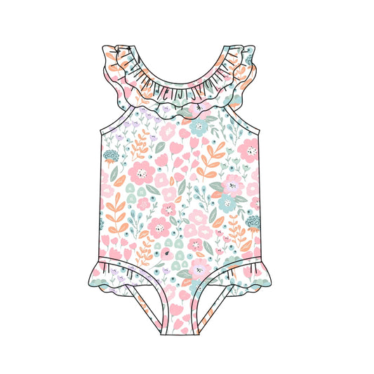 Baby Girls Beach Pink Floral Ruffles One Piece Swimsuits preorder(moq 5)