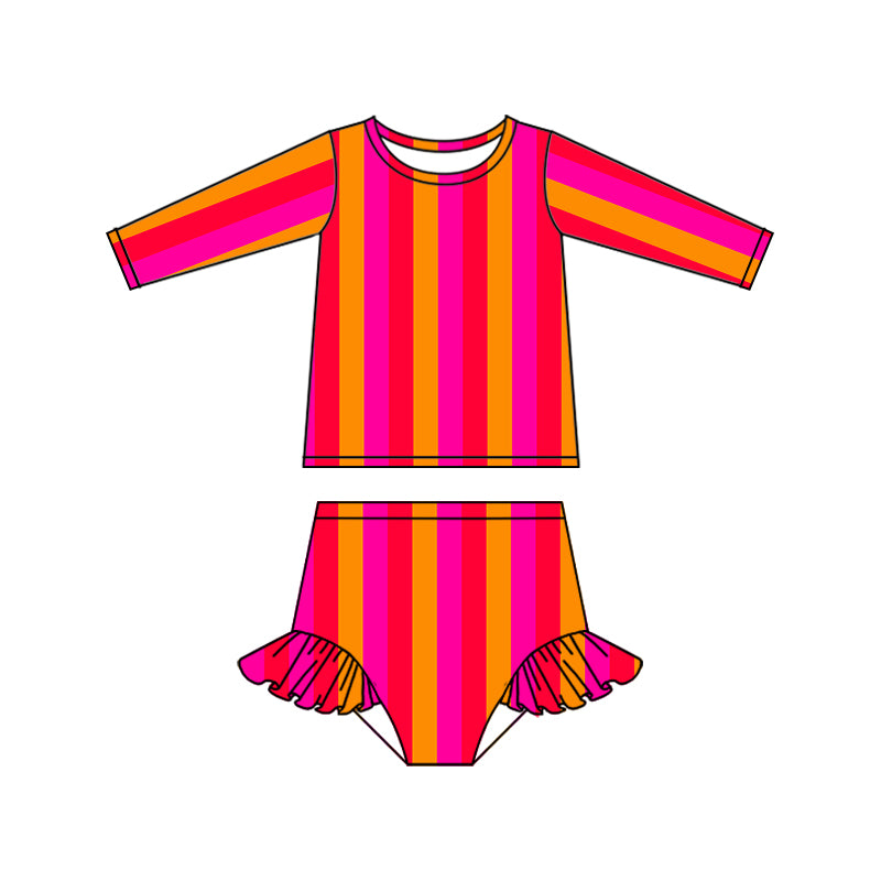 Baby Girls Orange Pink Stripes Long Sleeve Top Bummie Swimsuits Clothes Sets Preorder(moq 5)