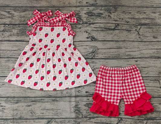 Baby Girls Strawberry Straps Tunic Ruffle Shorts Clothes Sets