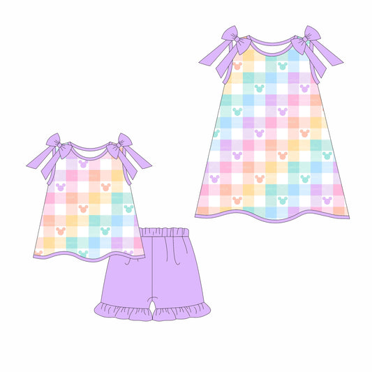 Preorder moq 5 Custom Baby Girls Purple Strap Cartoon Mouses Plaid Tunic Ruffle Short Set Knee Length Dresses