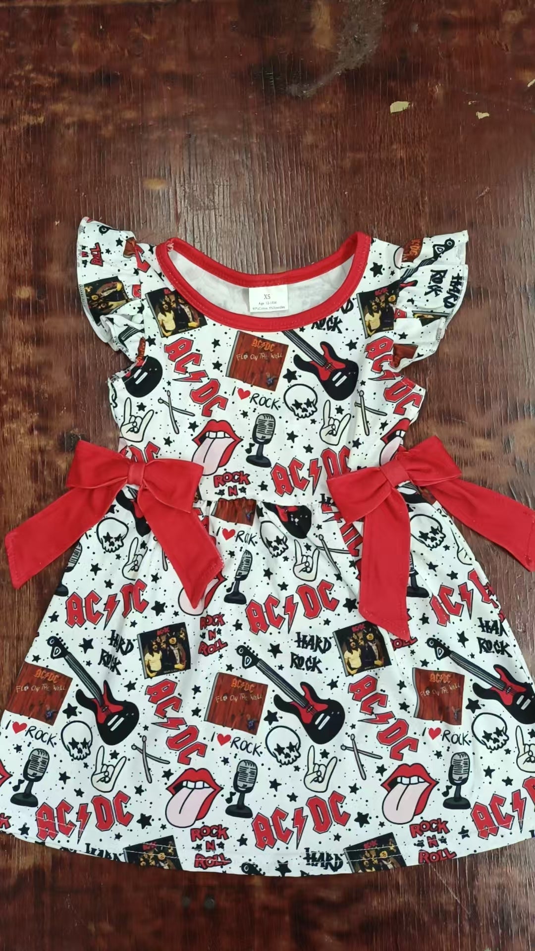 Preorder moq 5 Baby Girls Flutter Sleeves Red I Love Rock Guitars Bows Knee Length Dress