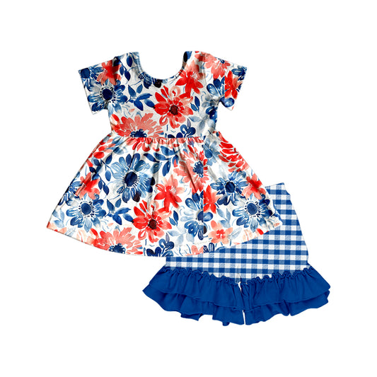 Baby Girls Flowers 4th of July Tunic Top Ruffle Shorts Clothes Sets preorder (moq 5)