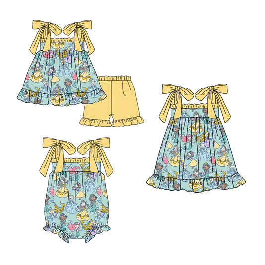 Preorder(moq 5 each)Sibling Baby Girls Princess Yellow Tie Romper Dress Shorts Sets