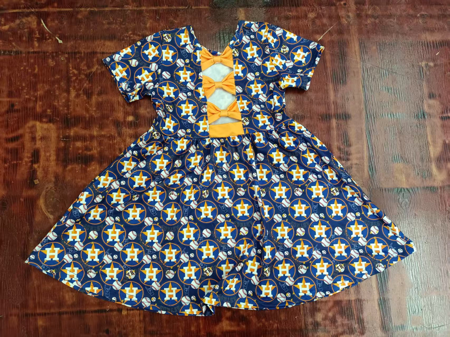 Preorder moq 5 Baby Girls Hot Blue Short Sleeves H Stars Baseballs Knee Length Dress