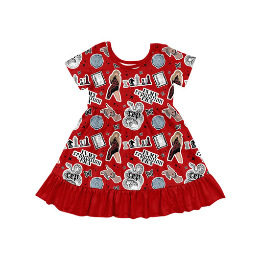 Preorder (moq 5)Baby Girls Red Singer Ruffle Knee Length Dresses