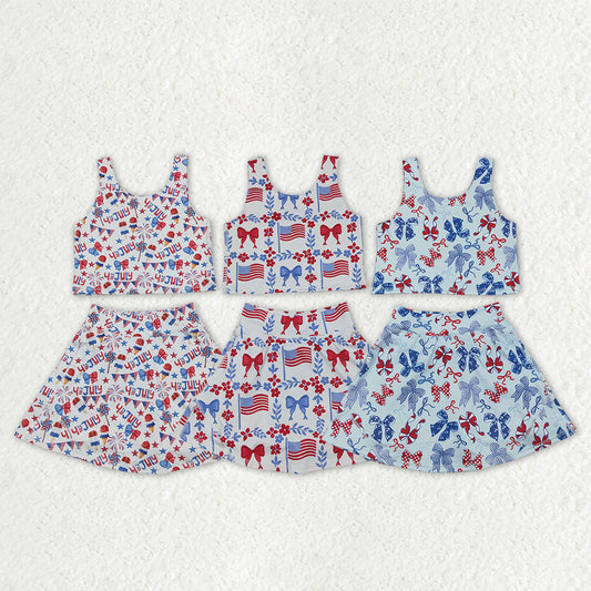 Sibling Baby Girls Flags Bows Vest Top Skirt Shorts 4th of July Yoga Active Clothes Sets