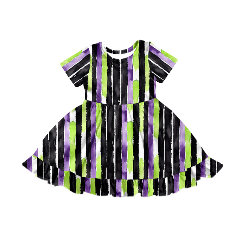 Preorder (moq 5)Baby Girls Purple Black Stripes Halloween Knee Length Dresses