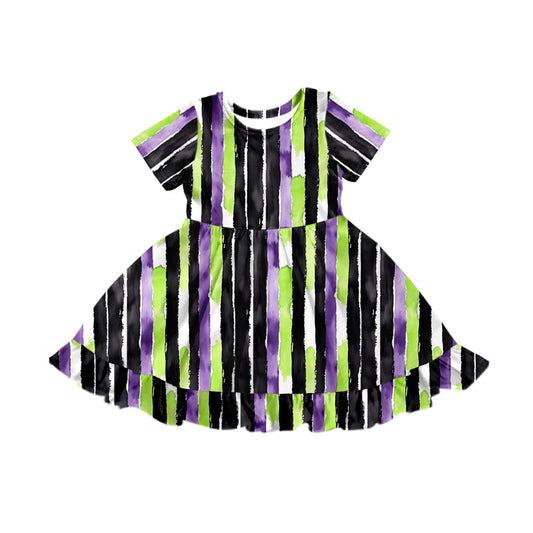 Preorder (moq 5)Baby Girls Purple Black Stripes Halloween Knee Length Dresses