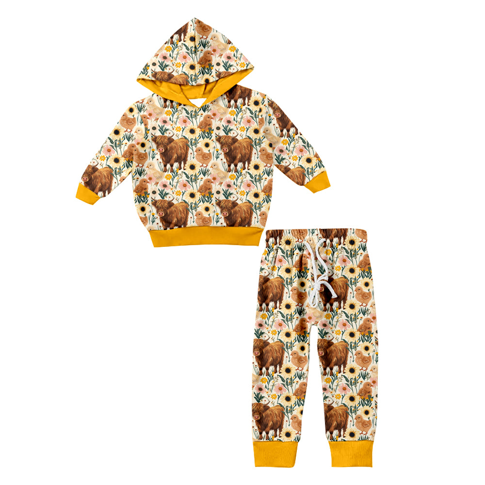 Baby Girls Hooded Highland Cow Tee Top Pants Clothes Sets Preorder(moq 5)