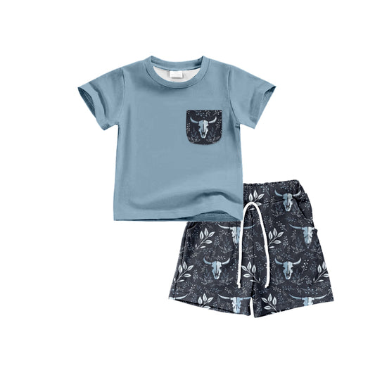 Baby Boys Shirt Pocket Top Western Cow Navy Shorts Clothes Sets preorder(moq 5)