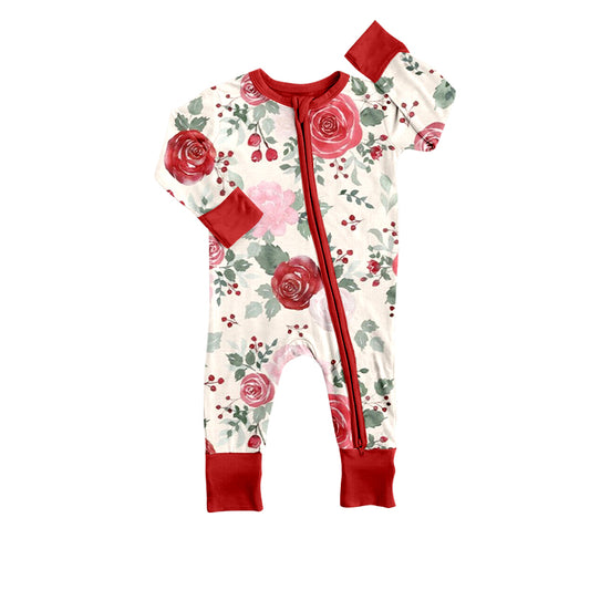 Baby Infant Girls Christmas Red Flowers Long Sleeve Zip Rompers preorder(moq 5)