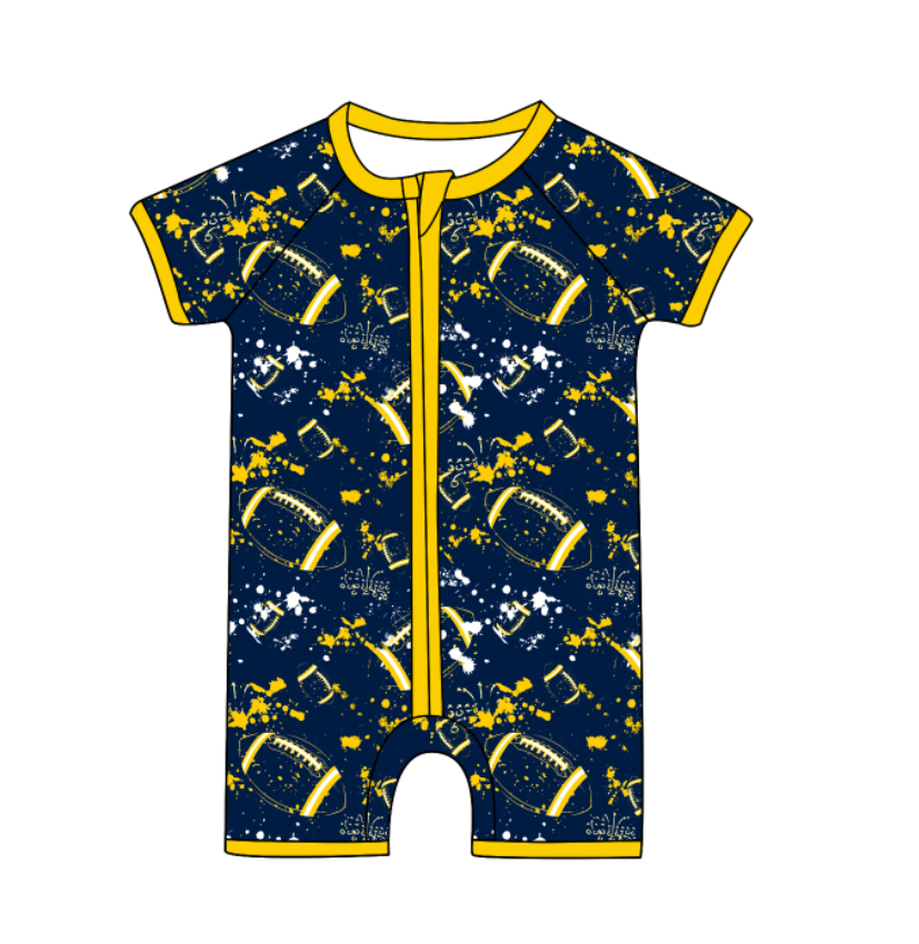Preorder (moq 5)Baby Boys Short Sleeve Tie-dye Footballs Print Team Zip Rompers