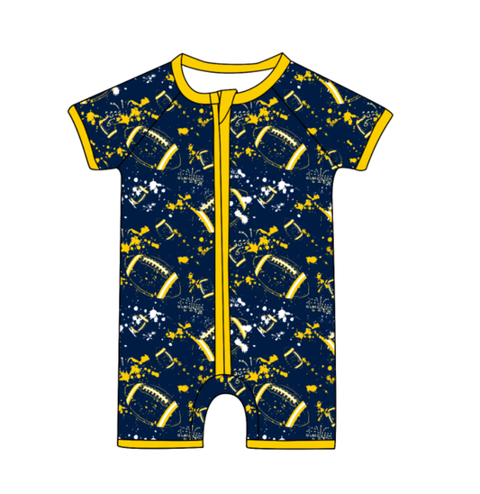 Preorder (moq 5)Baby Boys Short Sleeve Tie-dye Footballs Print Team Zip Rompers