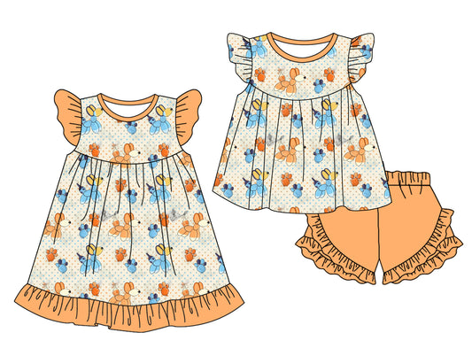 Preorder moq 5 Custom Baby Girls Orange Flutter Sleeves Balloon Dogs Polka Dots Tunic Ruffle Short Set Knee Length Dress