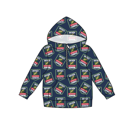 preorder(moq 5) Baby Boys Navy Farm Long Sleeve Zip Hooded Shirts