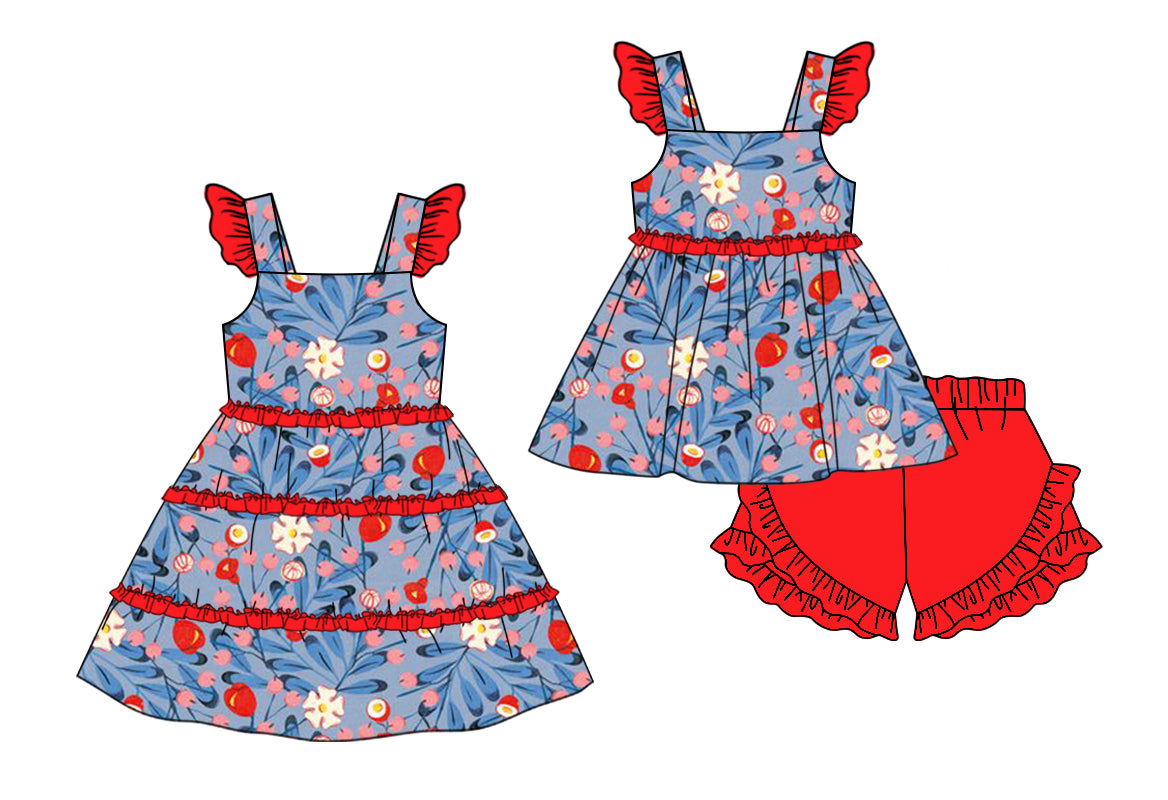 Preorder(moq 5 each) Baby Girls Blue Red Flowers Ruffles Summer Dress Shorts Sets