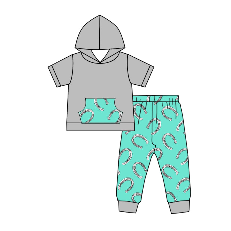 Baby Boys Grey Hood Top Western Horse Shoes Pants Sets preorder(MOQ 5)