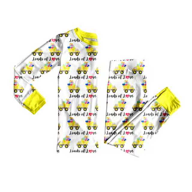 Preorder (moq 20)Baby Boys Bamboo Yellow Hearts Trucks Valentine Pajamas Sets