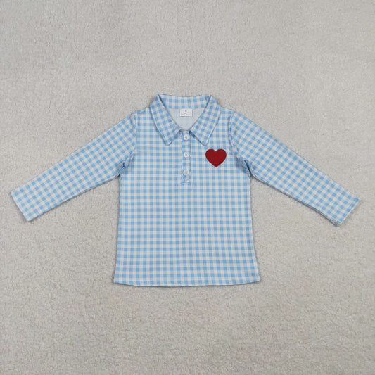 Embroidery Hearts Baby Boys Blue Checked Valentine Polo Shirts Top