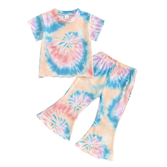 Baby Girls Colorful Tie Dye Shirt Bell Pants Clothes Sets Preorder(moq 5)