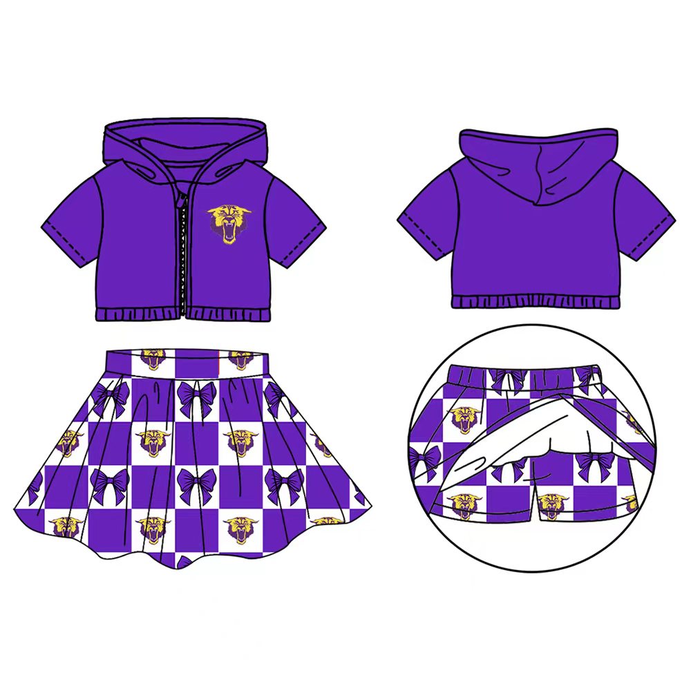 Preorder (moq 5)Baby Girls Purple Bows Wildcats Zip Hoodie Jackets Skirt Short Team Clothes Sets