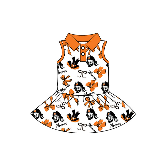 Preorder (moq 5)Baby Girls Sleeveless Orange Bows Hoovet Button Team Knee Length Dresses