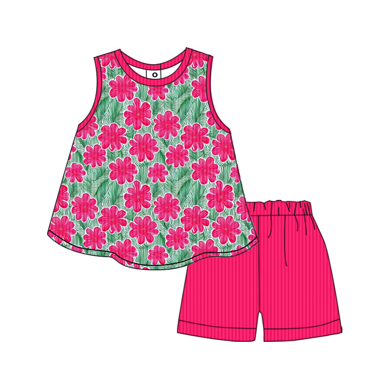 Preorder (moq 5)Baby Girls Summer Red Green Flowers Ribbed Tunic Shorts Clothes Sets