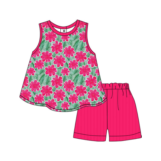 Preorder (moq 5)Baby Girls Summer Red Green Flowers Ribbed Tunic Shorts Clothes Sets
