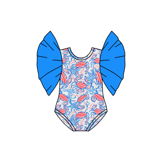 Preorder(moq 5)Baby Infant Girls 4th Of July Crabs Flutter Sleeve Rompers