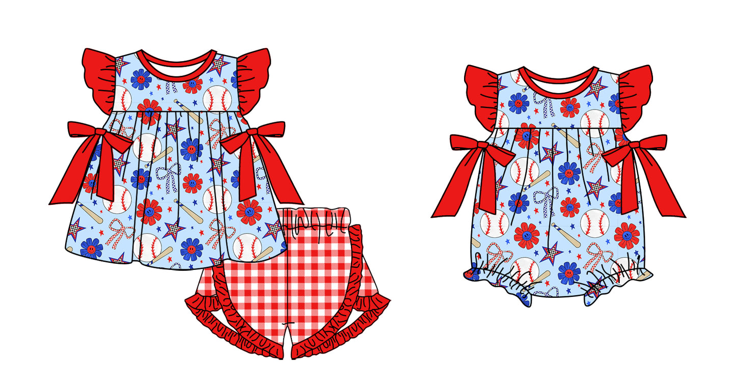 Preorder moq 5 Custom Baby Girls Flowers Baseballs Tunic Red Plaid Ruffle Short Set Rompers