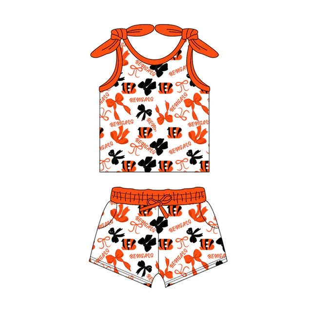 Preorder (moq 5)Baby Girls Sleeveless Bengals Bows Plaid Top Pockets Shorts Team Set