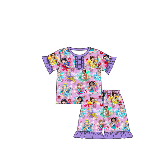 Preorder (moq 5)Baby Girls Princess Purple Shirts Top Ruffle Shorts Pajamas Clothes Sets