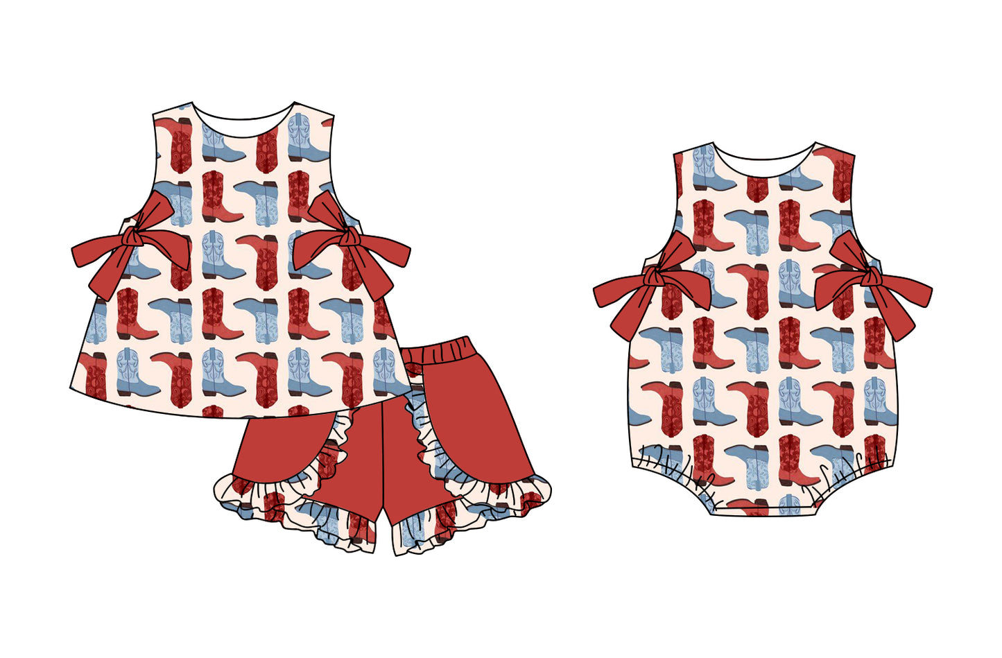 Preorder moq 5 Custom Baby Girls Sleeveless Colorful Boots Bows Tunic Red Ruffle Short Set Rompers