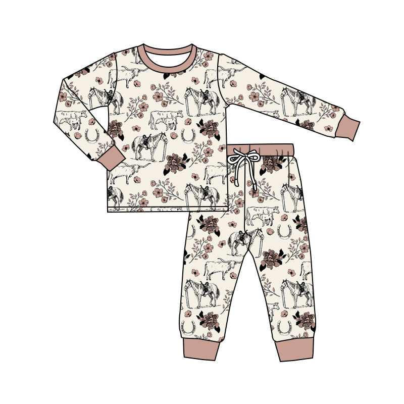 Baby Girls Western Horse Flowers Top Pants Pajamas Clothes Sets preorder(MOQ 5)