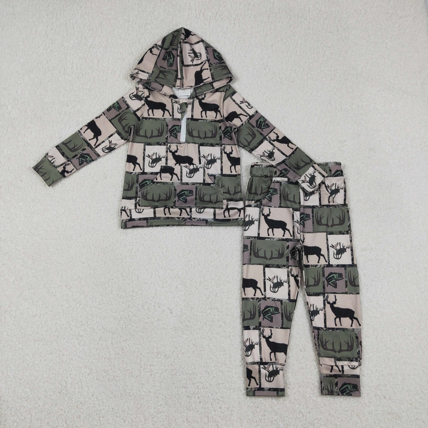 Baby Boys Deer Fishes Checked Zip Pockets Hoodies Pants Hunting Clothes Sets