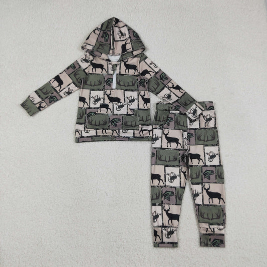 Baby Boys Deer Fishes Checked Zip Pockets Hoodies Pants Hunting Clothes Sets