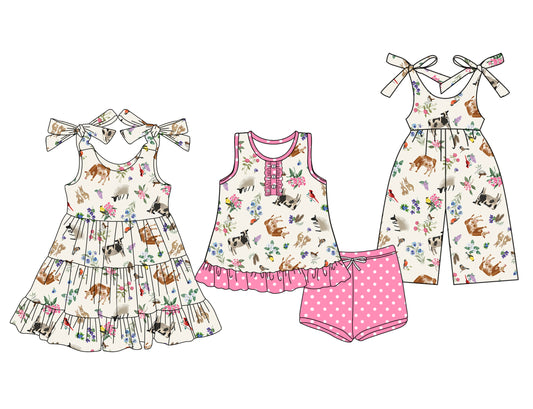 Preorder moq 5 Custom Baby Girls Pink Cows Rabbits Button Tunic Polka Dots Short Farm Set Knee Length Dress Jumpsuits
